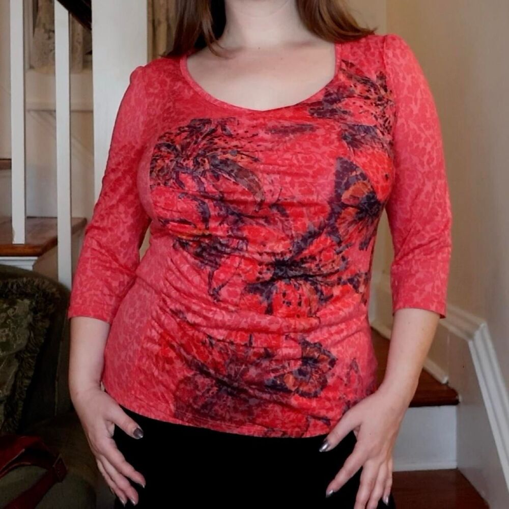 Per Una Y2K Red Semi Sheer Burnout 3/4 Sleeve Top Sz Medium Rockstar Euro Floral